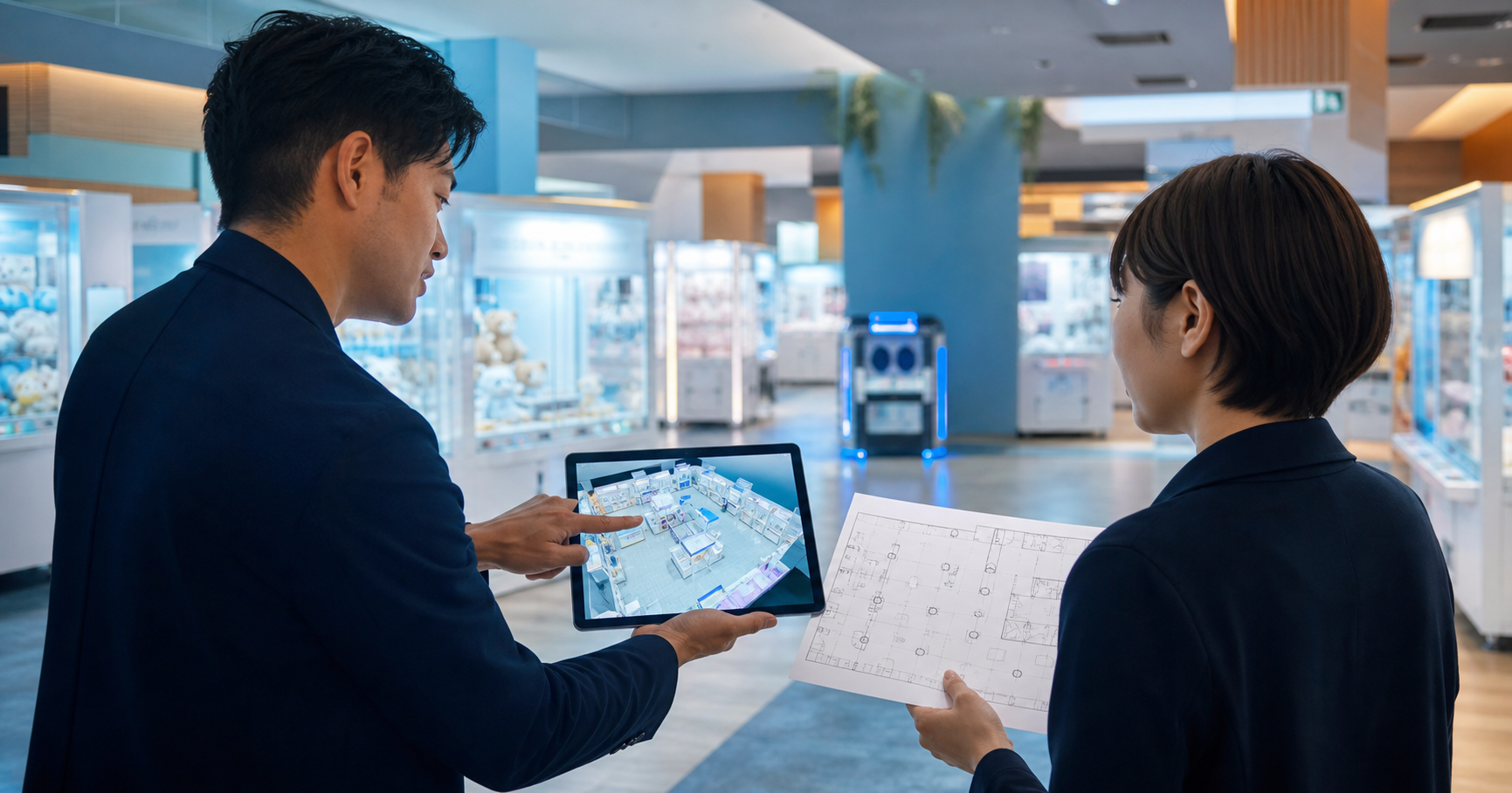 ゲーム機の設置と店舗運営について打ち合わせる様子